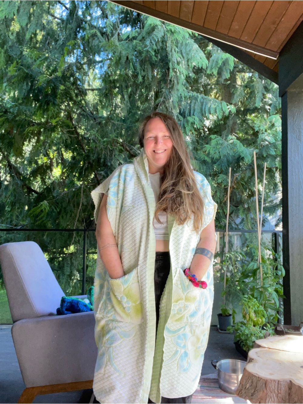 15. Handmade vintage towel coverup/cardigan green/blue OS